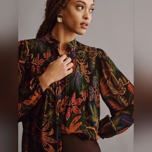 NWT Anthropologie FARM Rio Mock Neck Billow Blouse Black Motif Size L